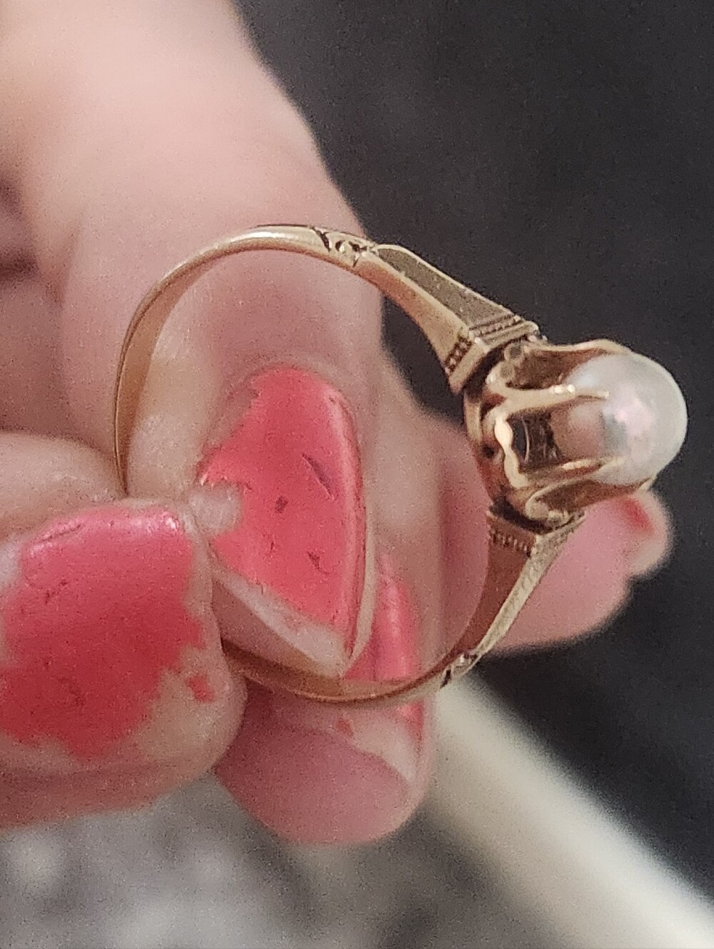 Antique 14k ylw gold Edwardian 6-prong buttercup setting natural pearl ring - Picture 10 of 16